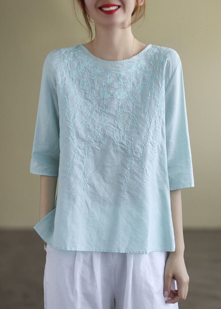 French Print1 O-Neck Embroideried Cotton Blouses Half Sleeve