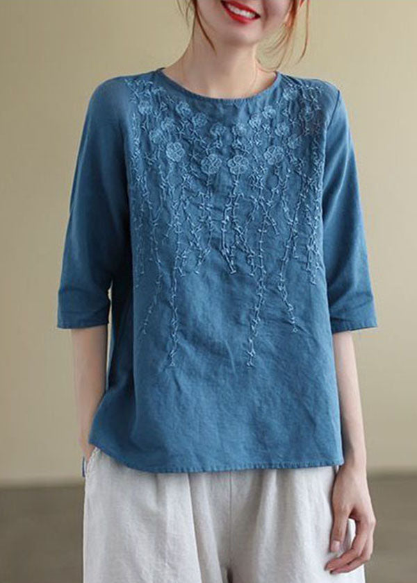 French Print5 O-Neck Embroideried Cotton Blouses Half Sleeve