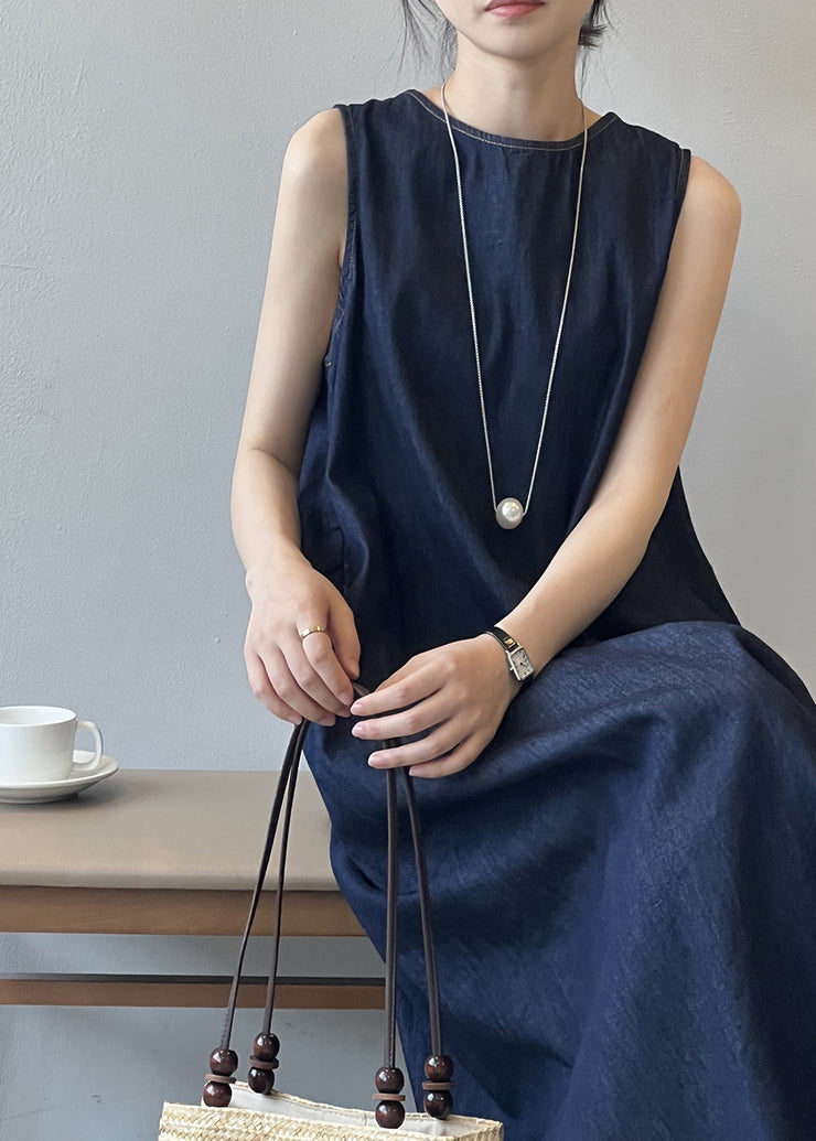 French Navy O Neck Pockets Denim Long Dress Sleeveless