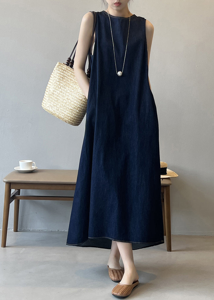 French Navy O Neck Pockets Denim Long Dress Sleeveless