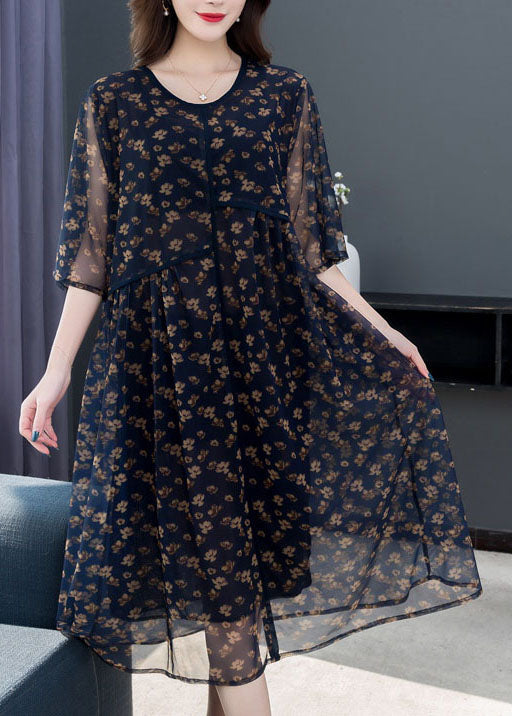 French Navy O Neck Print Patchwork Chiffon Dresses Summer