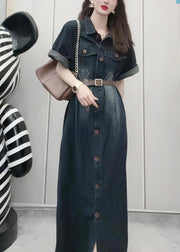 French Navy Peter Pan Collar Patchwork Button Denim Maxi Dress Summer