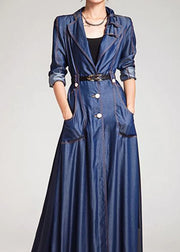 French Navy Peter Pan Collar Patchwork Tie Waist Denim Dress Long Sleeve