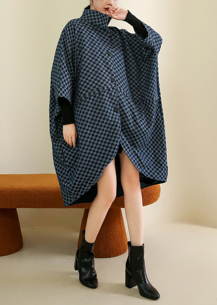 French Navy Plaid Button Patchwork Cotton Coat Batwing Sleeve