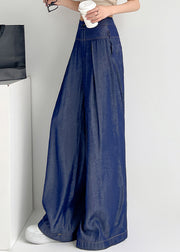 French Navy Pockets High Waist Denim Pants Summer