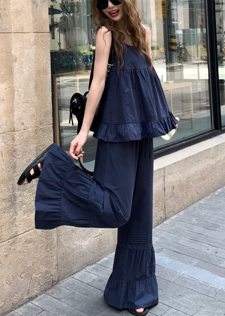 French Navy Ruffled Tops And Flare Bottoms Cotton Two Piece Set Sleeveless