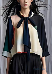 French Navy Scarf Collar Patchwork Chiffon Shirt Bracelet Sleeve