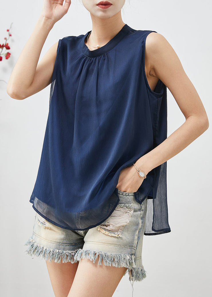 French Navy Stand Collar Chiffon Tanks Sleeveless