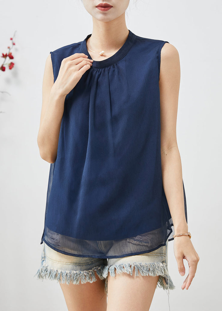 French Navy Stand Collar Chiffon Tanks Sleeveless