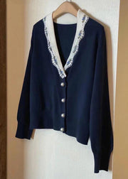 French Navy V Neck Button Patchwork Knit Coats Long Sleeve