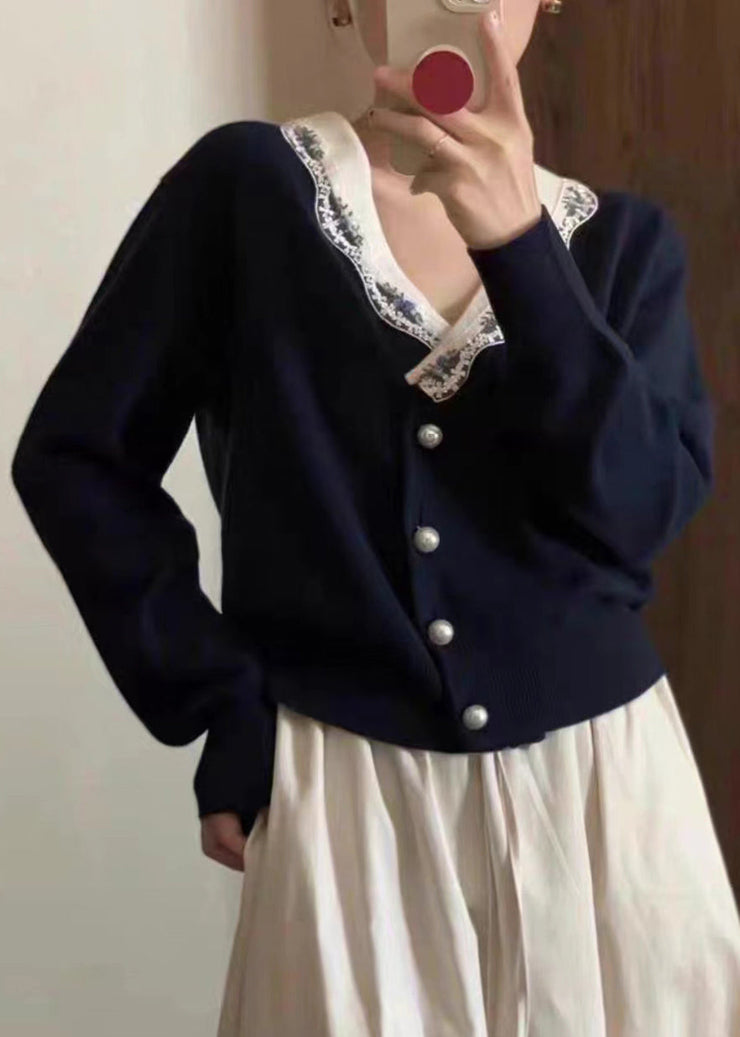 French Navy V Neck Button Patchwork Knit Coats Long Sleeve