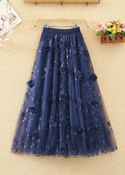 French Navy Wrinkled Embroideried Floral Decorated Tulle Skirts Spring