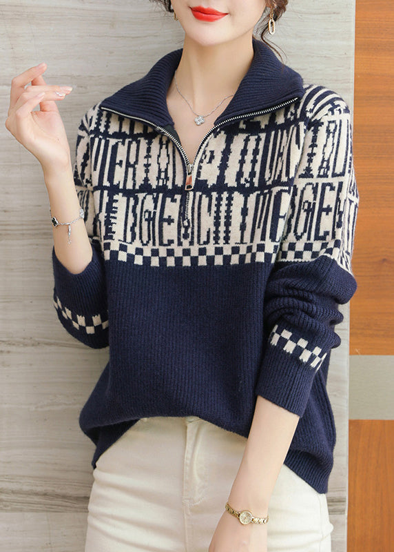 French Navy Zip Up Patchwork Cozy Wool Knit Tops Fall