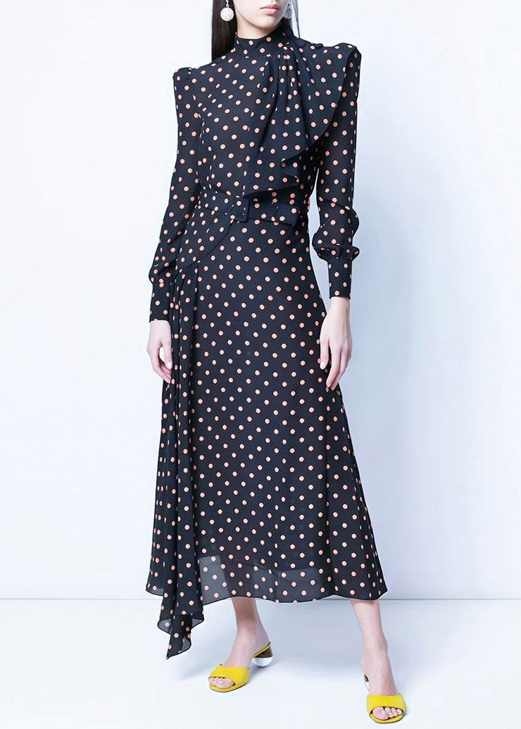 French Navy Zippered Dot High Waist Chiffon Long Dress Fall