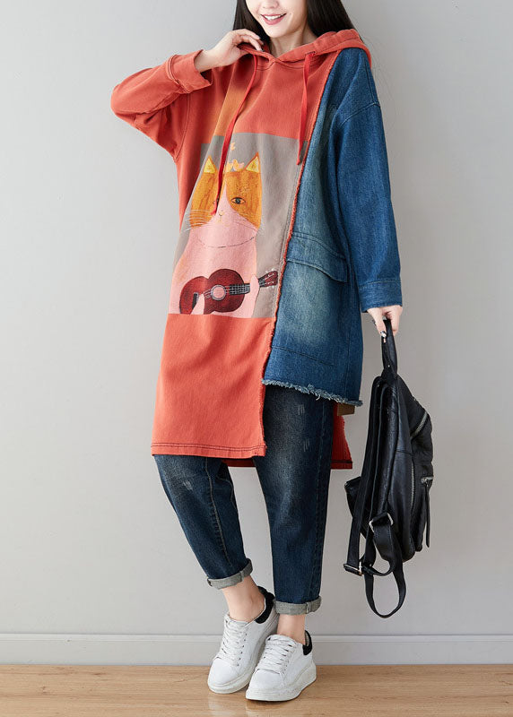 French Orange Asymmetrical Design Cartoon Print Cotton Sweatshirt Dress Spring