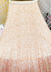 French Orange Elastic Waist Print Tulle Pleated Skirt Summer