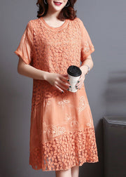 French Orange Embroidered Patchwork Lace Dress Summer