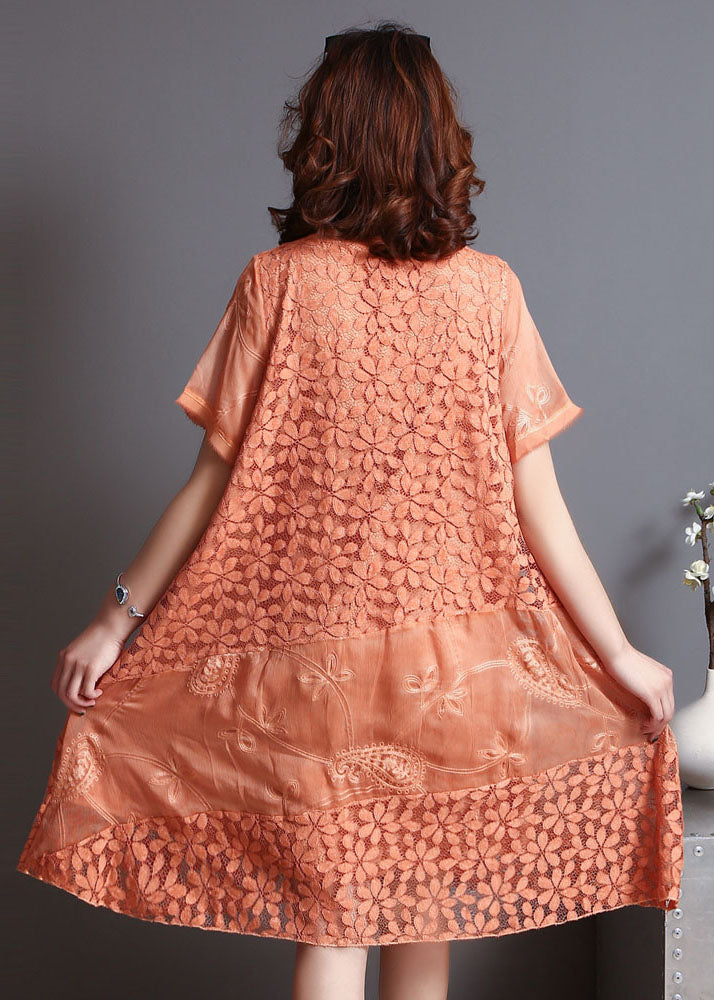 French Orange Embroidered Patchwork Lace Dress Summer