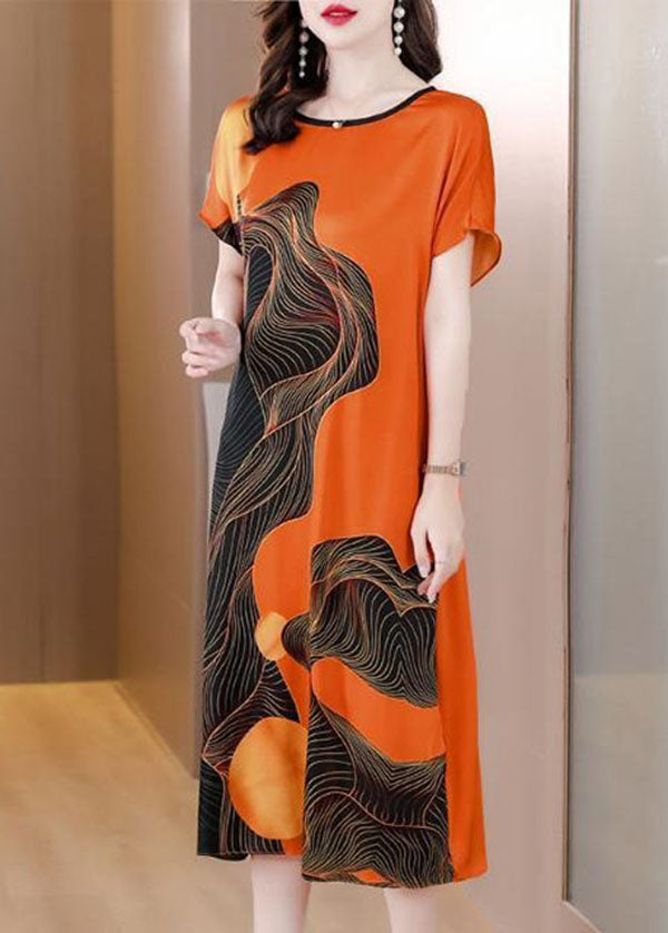 French Orange O Neck Print Patchwork Silk Dress Short Sleeve