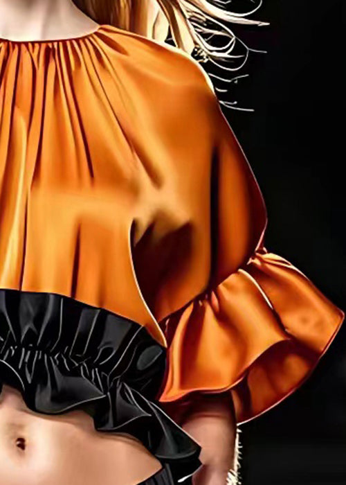 French Orange O Neck Ruffled Silk Blouse Flare Sleeve