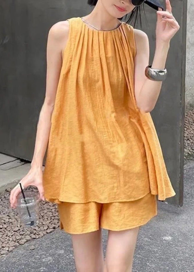 French Orange O-Neck Vest And Shorts Two Pieces Set Summer