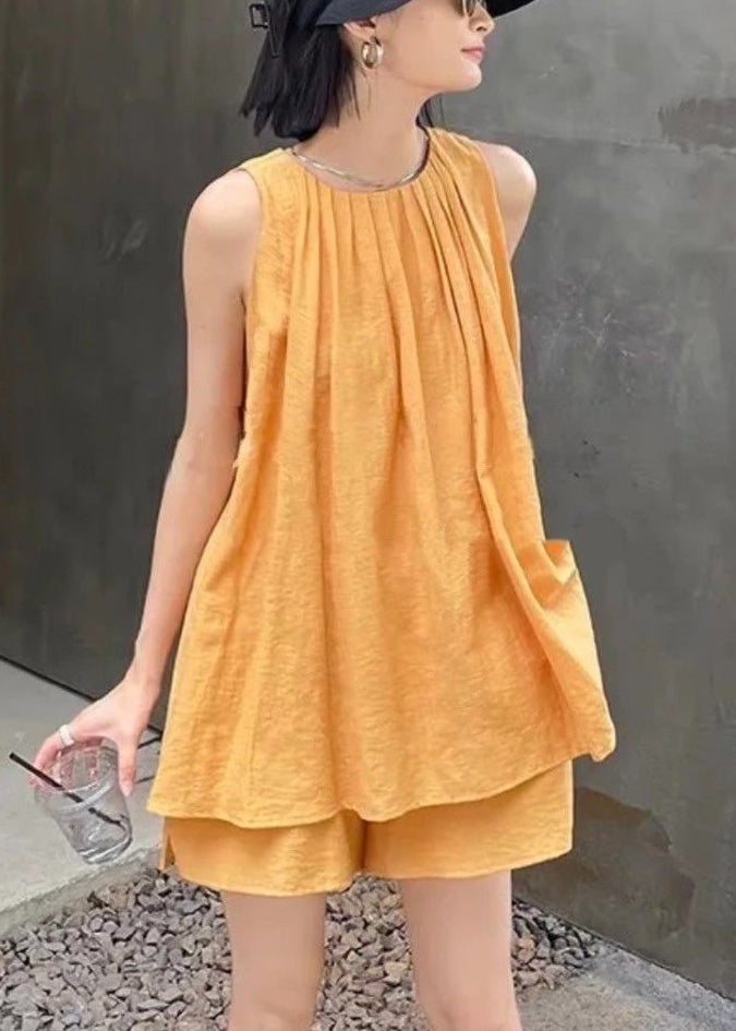 French Orange O-Neck Vest And Shorts Two Pieces Set Summer