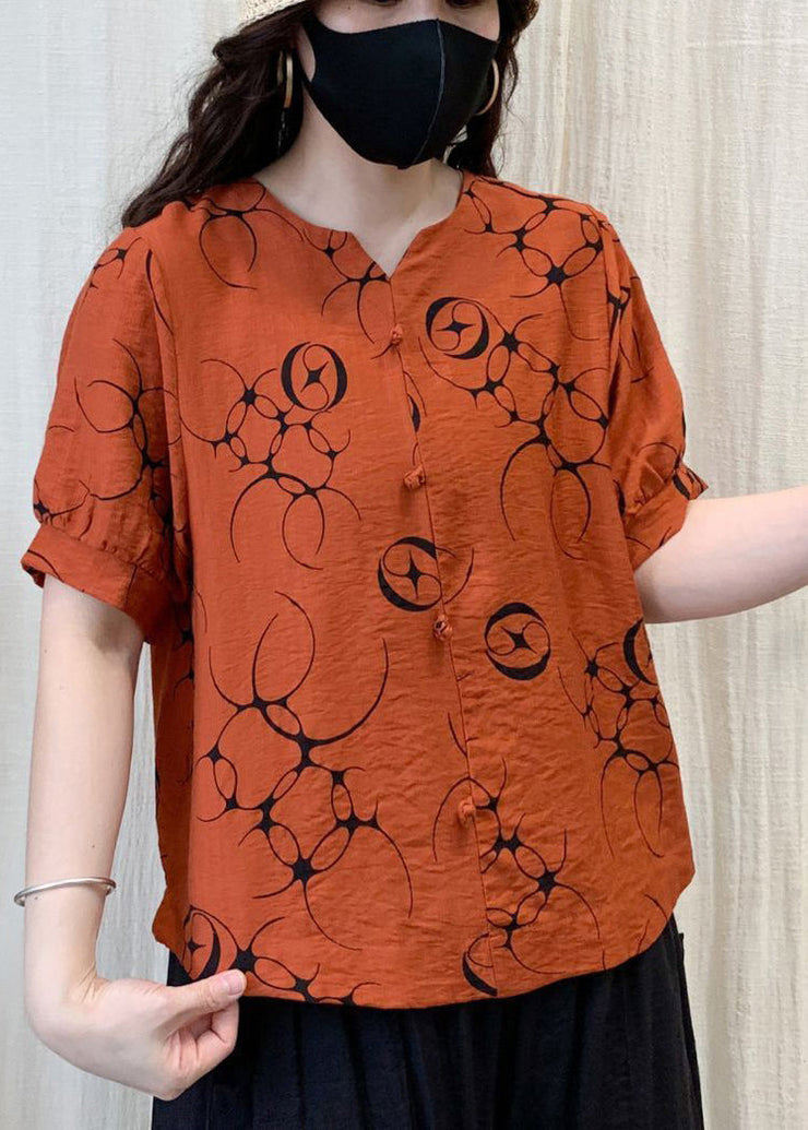 French Orange Oversized Print Linen Shirt Tops Summer