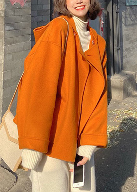 French Orange Patchwork Woolen Hooded Coat Fall