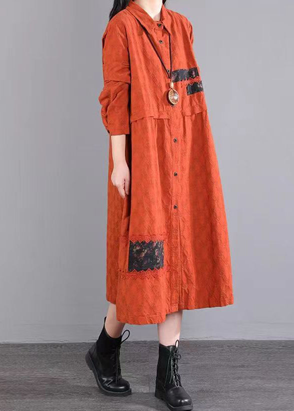 French Orange Peter Pan Collar Patchwork Cotton Shirts Dress Fall