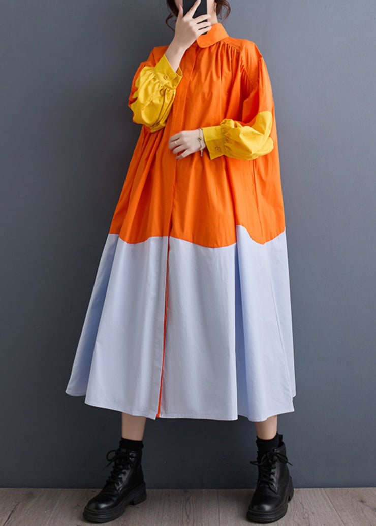 French Orange Peter Pan Collar Patchwork Wrinkled Maxi Shirts Dresses Spring