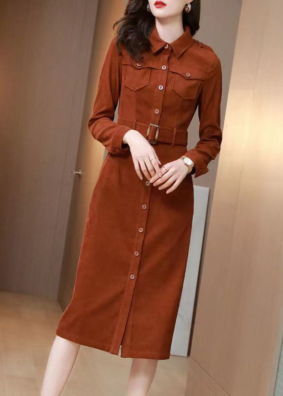 French Orange Peter Pan Collar Tie Waist Patchwork Corduroy Dress Fall