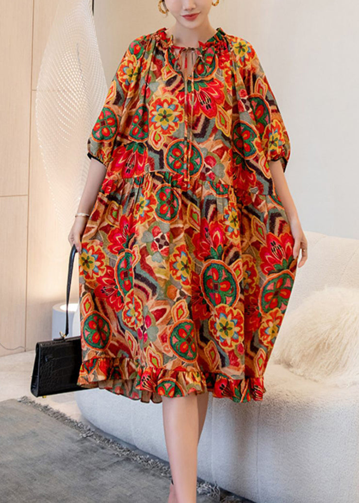 French Orange Print Ruffled Patchwork Maxi Dress Batwing Sleeve