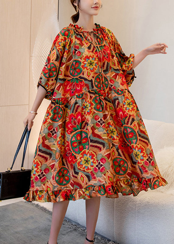 French Orange Print Ruffled Patchwork Maxi Dress Batwing Sleeve