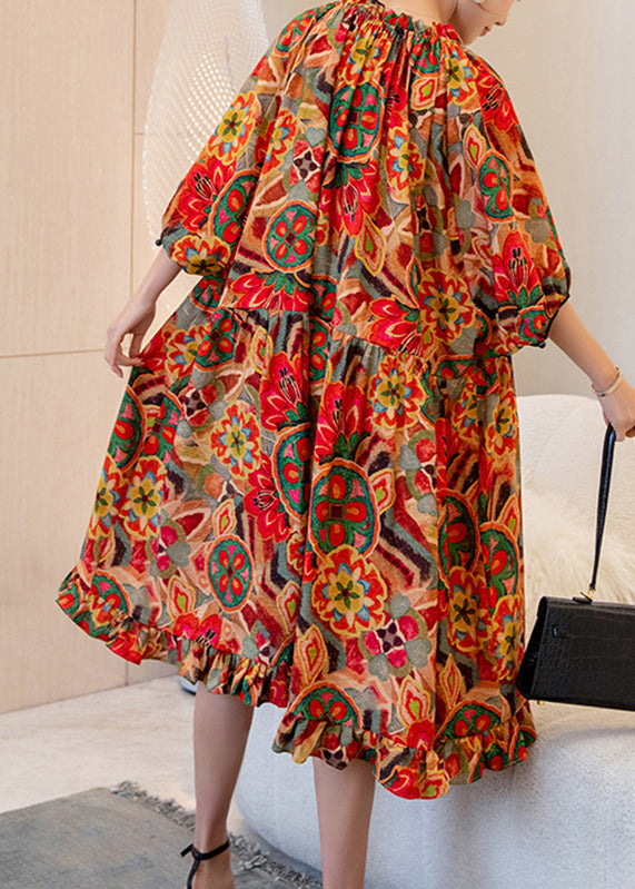 French Orange Print Ruffled Patchwork Maxi Dress Batwing Sleeve