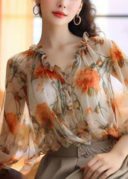 French Orange Ruffled Print Chiffon Blouses Lantern Sleeve