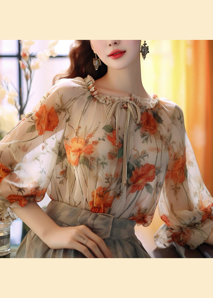 French Orange Ruffled Print Chiffon Blouses Lantern Sleeve