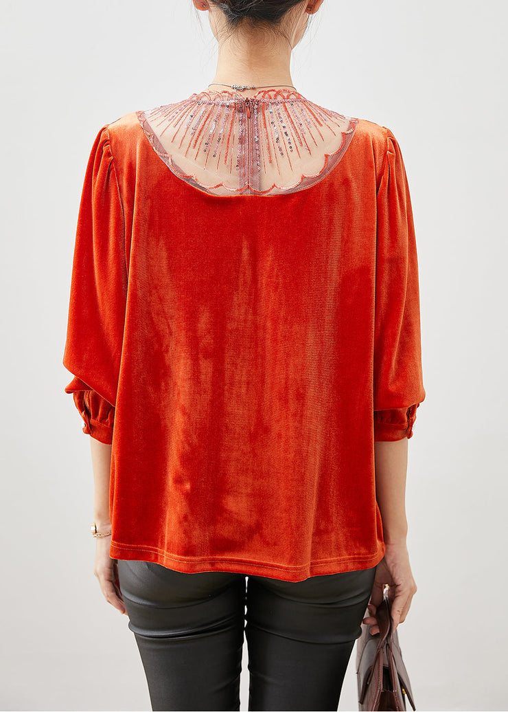 French Orange Sequins Patchwork Silk Velour Shirts Fall