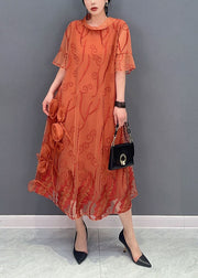 French Orange Stand Collar Embroideried Tulle Dresses Summer