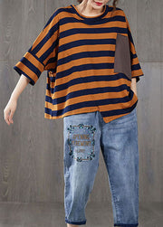 French Orange Striped O Neck Patchwork Cotton T Shirt Top Summer