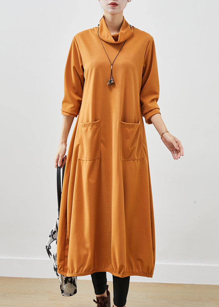 French Orange Turtle Neck Warm Fleece Robe Dresses Fall