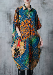 French Peacock Blue Oversized Print Chiffon Dress Summer