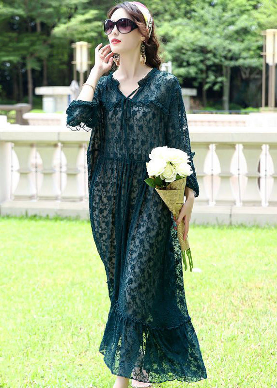 French Peacock Blue Ruffled Exra Large Hem Silk Long Dress Spring