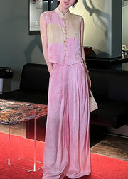 French Pink Button Waistcoat And Wide Leg Pants Silk Two Piece Set Sleeveless