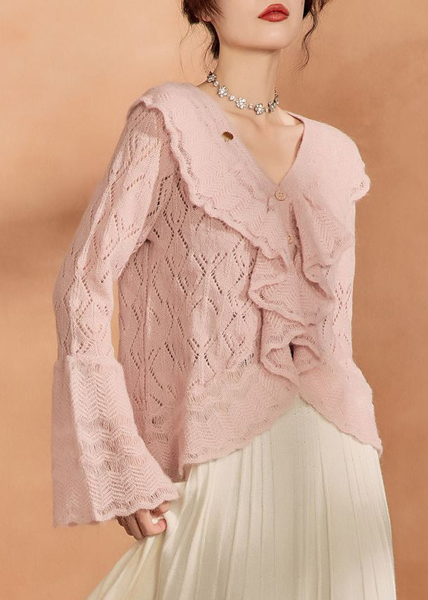 French Pink Hollow Out Button Knit Cardigan Long Sleeve