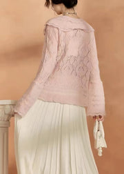 French Pink Hollow Out Button Knit Cardigan Long Sleeve