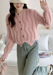 French Pink O Neck Button Mink Hair Knitted Cardigan Fall