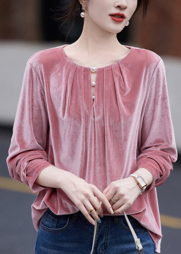 French Pink O Neck Wrinkled Velour Top Fall