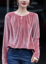 French Pink O Neck Wrinkled Velour Top Fall