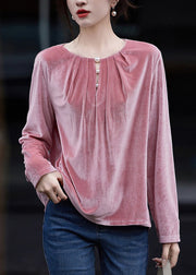 French Pink O Neck Wrinkled Velour Top Fall