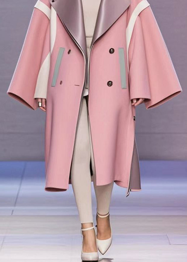 French Pink Oversized Patchwork Woolen Trench Fall